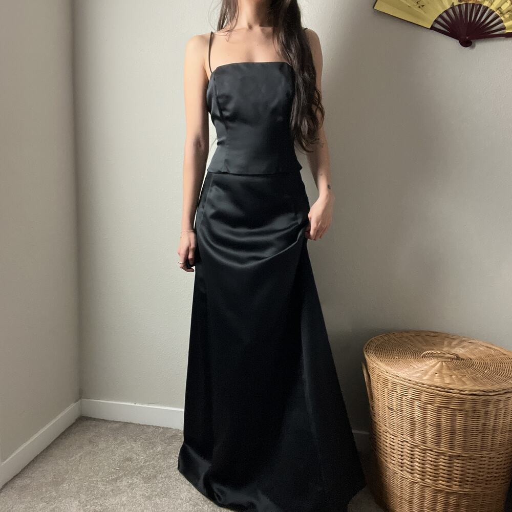 90s vintage black satin minimalist bustier formal top and skirt two piece dress